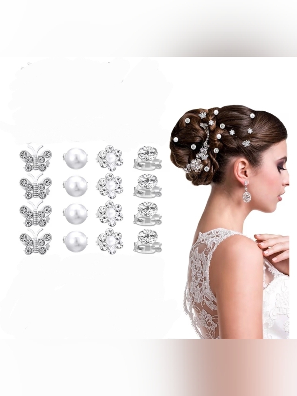 16pc Bridal Pearl & Crystal Hair Mini Clips Set - White Silver Accents BNIB